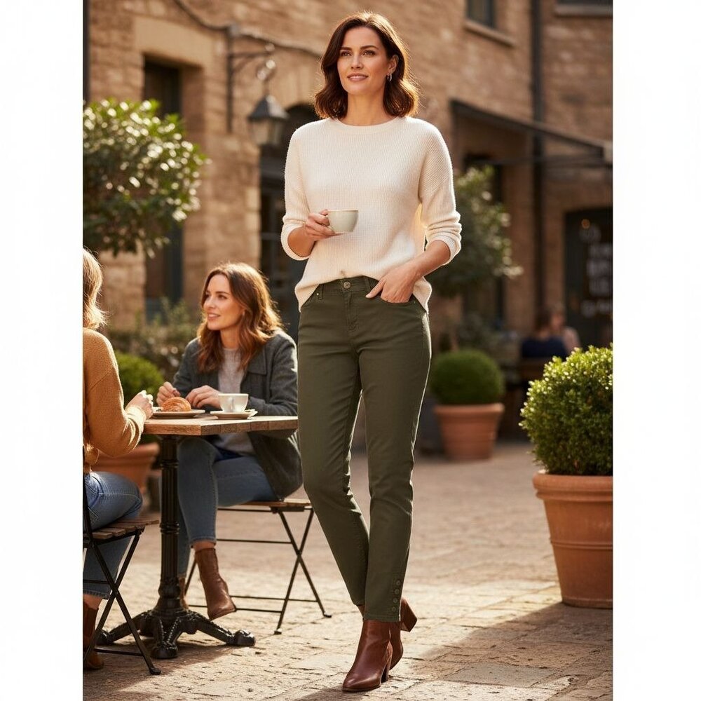 New Directions Olive Green Womens Pants Size 14P Button Detail Ankle Hem Casual